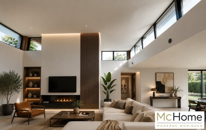 Mc-Home B155 levensloopbestendig modern hoog plafond glas en  natuursteen staalframebouw Nederland