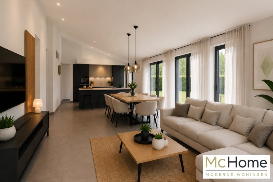 Modern interieur van gelijkvloerse woning B-201 met leefkeuken en grote glaspartijen