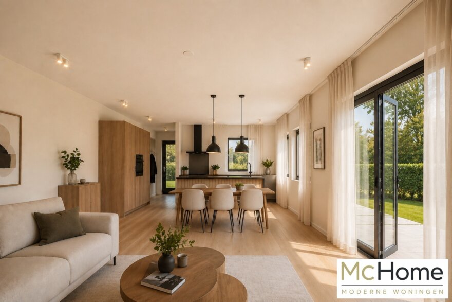 Modern interieur van gelijkvloerse woning B-201 met leefkeuken en grote glaspartijen