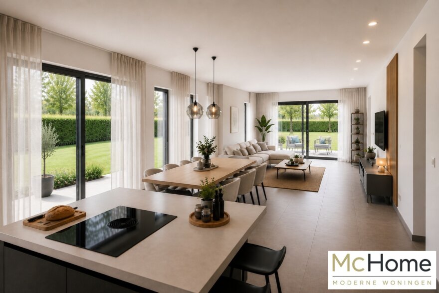 Modern interieur van gelijkvloerse woning B-201 met leefkeuken en grote glaspartijen