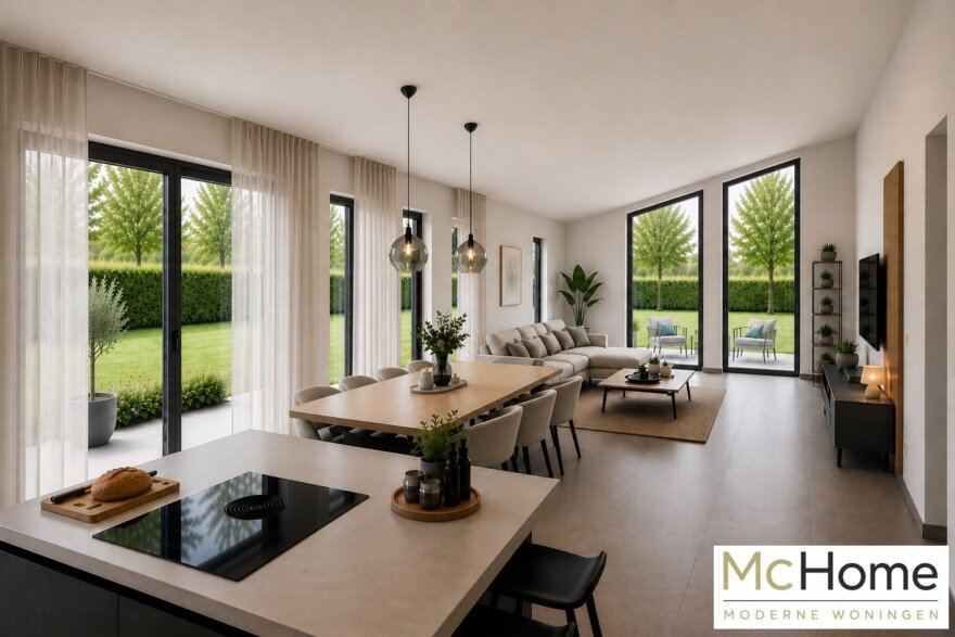 Modern interieur van gelijkvloerse woning B-201 met leefkeuken en grote glaspartijen