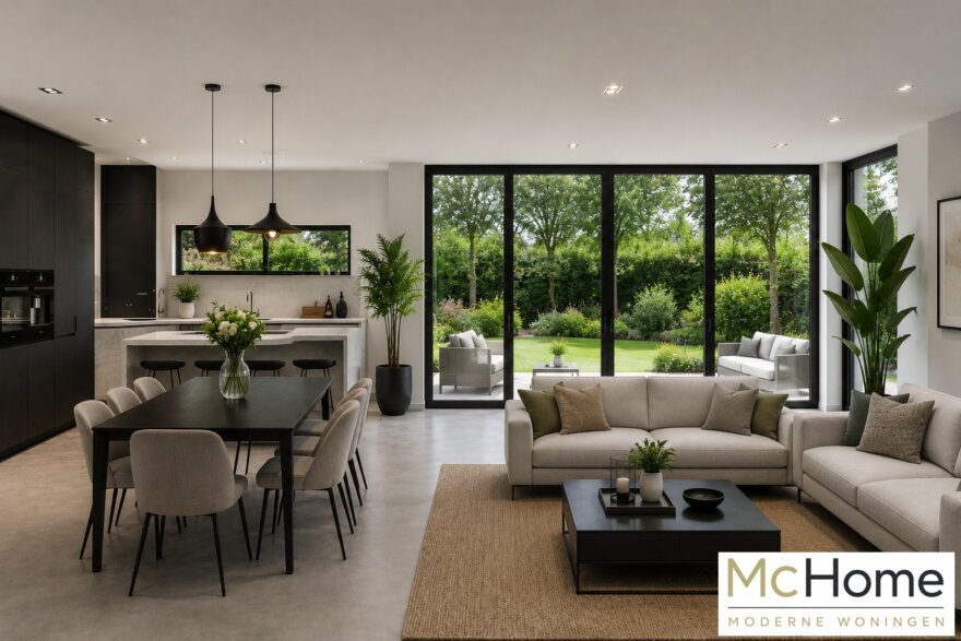 Modern interieur van kubistische woning M-391 met leefkeuken en grote glaspartijen
