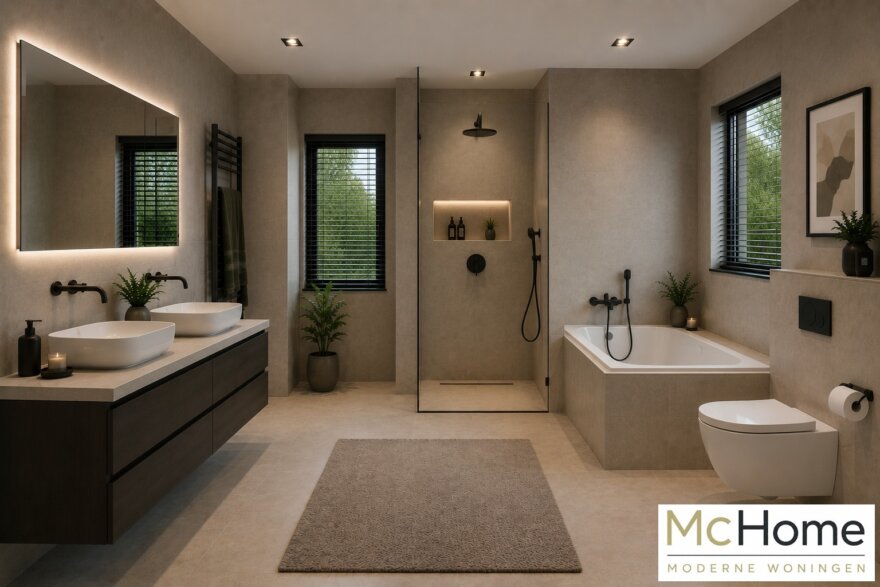 Modern interieur van kubistische woning M-391 met leefkeuken en grote glaspartijen