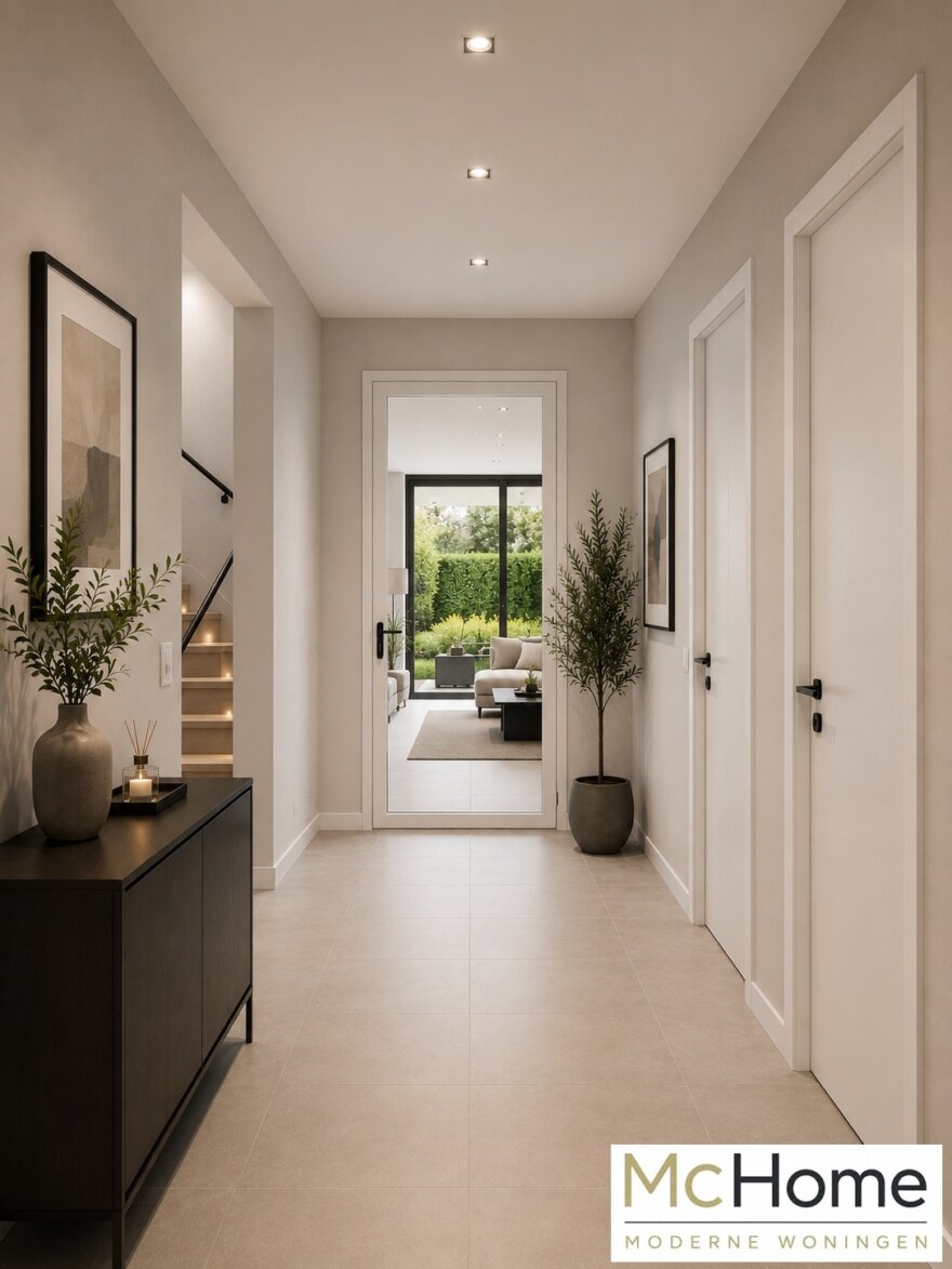 Modern interieur van kubistische woning M-391 met leefkeuken en grote glaspartijen