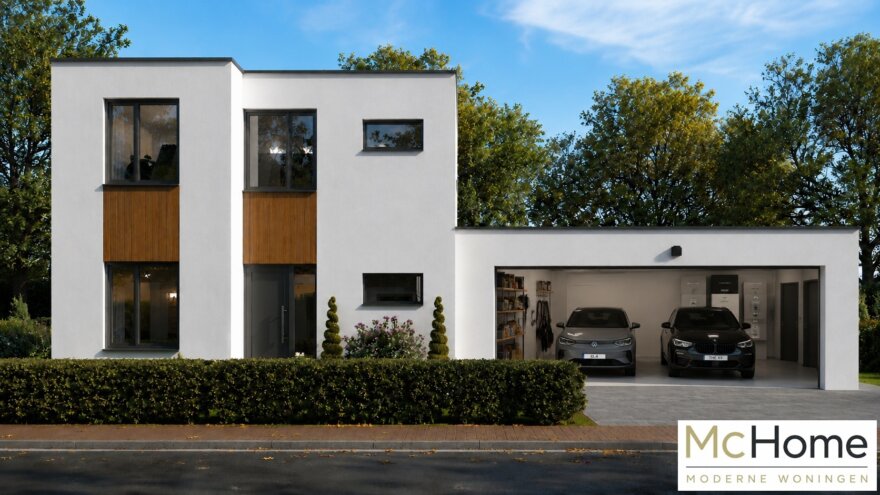 Moderne kubistische woning M-391 met plat dak, dubbele garage en grote glaspartijen