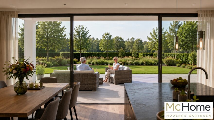 Modern interieur bungalow B-82 met woonkamer en leefkeuken