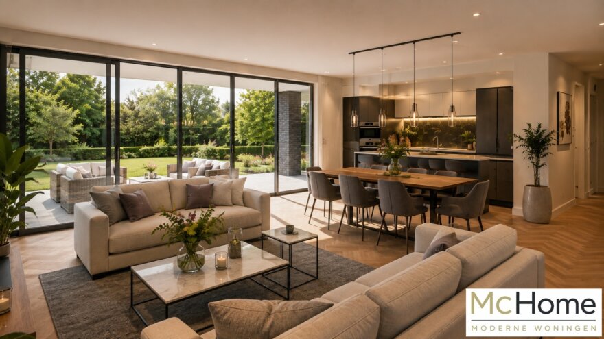 Modern interieur bungalow B-82 met woonkamer en leefkeuken