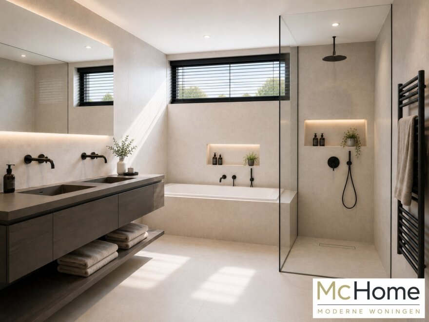 Modern interieur van een luxe levensloopbestendige woning met leefkeuken, badkamer en woonkamer