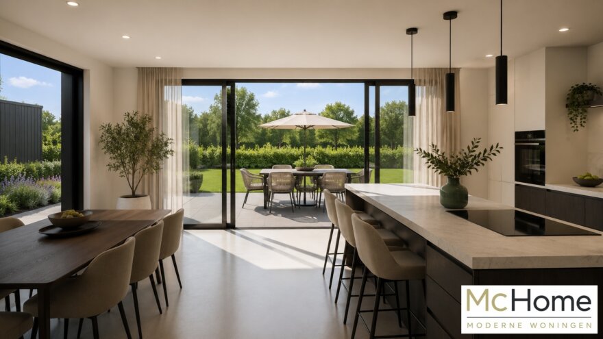 Modern interieur van een luxe levensloopbestendige woning met leefkeuken, badkamer en woonkamer