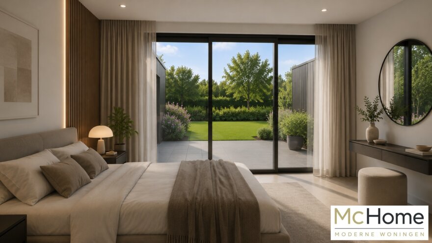Modern interieur van een luxe levensloopbestendige woning met leefkeuken, badkamer en woonkamer
