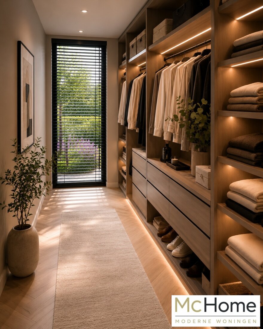 Modern interieur van een luxe levensloopbestendige woning met leefkeuken, badkamer en woonkamer