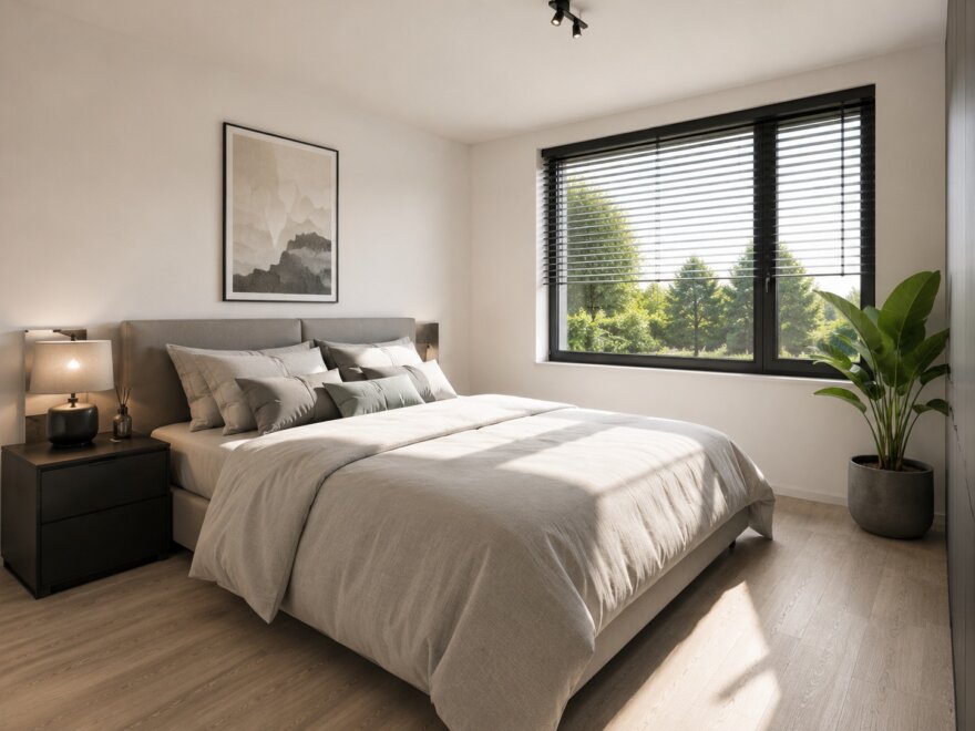 Modern interieur van kubistische woning M-391 met leefkeuken en grote glaspartijen