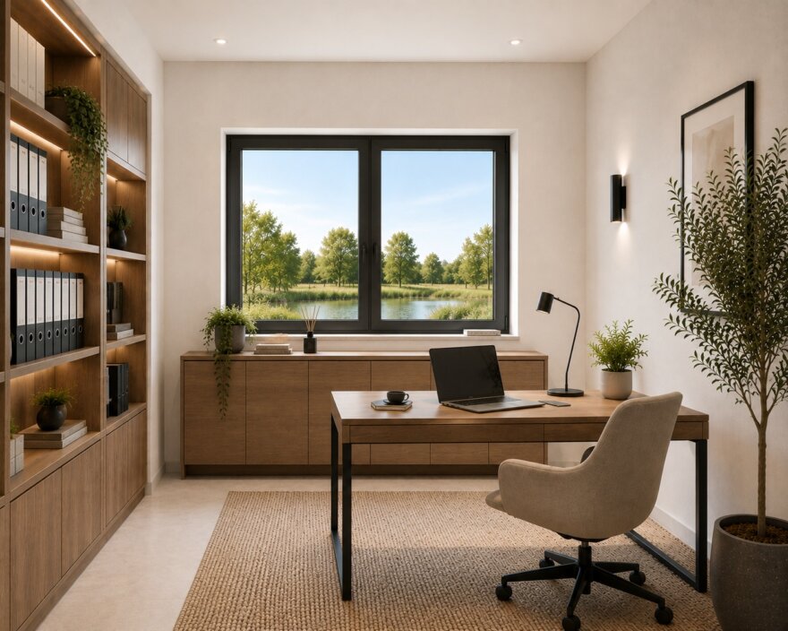 Modern interieur bungalow B-82 met woonkamer en leefkeuken