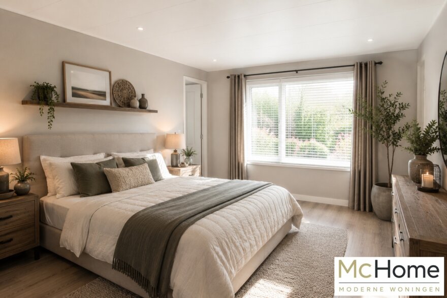 Modern interieur van kubistische woning M-387 met luxe woonkamer, leefkeuken, slaapkamer en badkamer