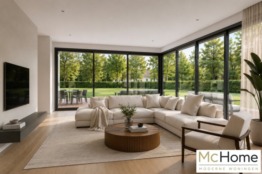 Modern interieur van kubistische woning met leefkeuken en grote glaspartijen