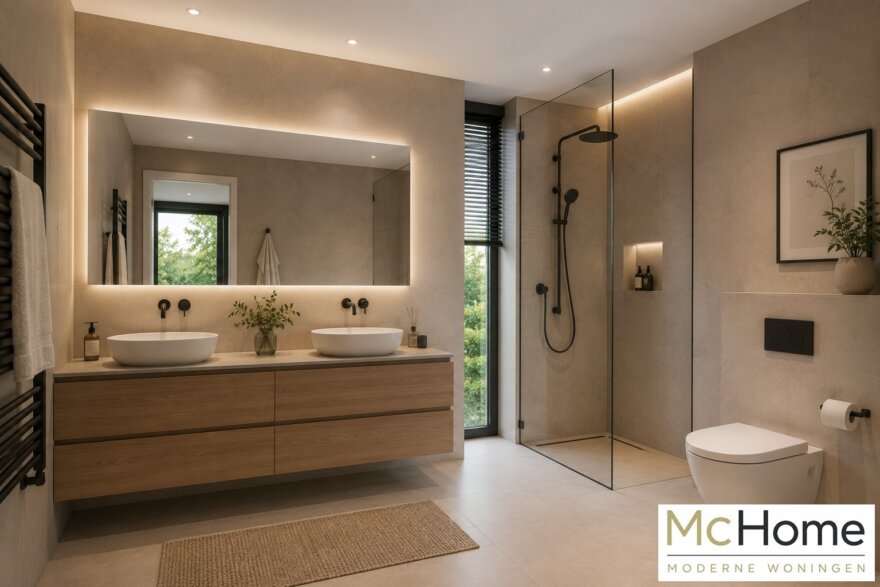 Modern interieur van kubistische woning met leefkeuken en grote glaspartijen