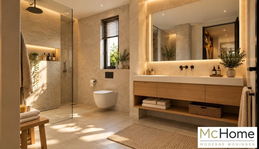 Modern interieur McHome M-412 met ruime woonkamer, leefkeuken en grote glaspartijen