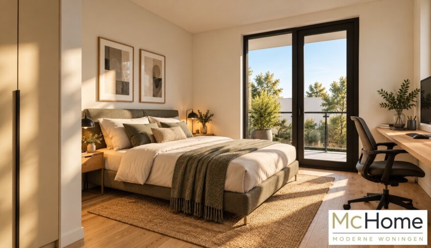 Modern interieur McHome M-412 met ruime woonkamer, leefkeuken en grote glaspartijen
