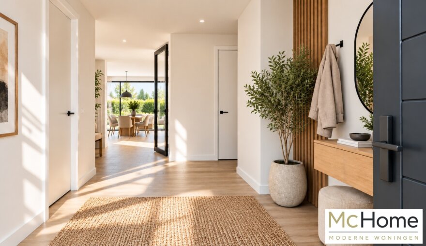 Modern interieur McHome M-412 met ruime woonkamer, leefkeuken en grote glaspartijen
