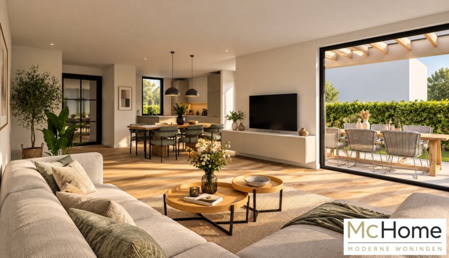 Modern interieur McHome M-412 met ruime woonkamer, leefkeuken en grote glaspartijen