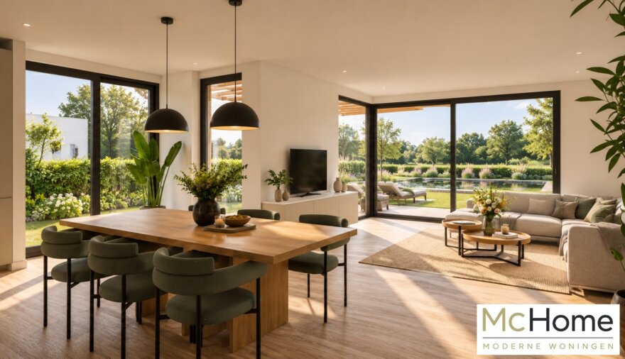 Modern interieur McHome M-412 met ruime woonkamer, leefkeuken en grote glaspartijen