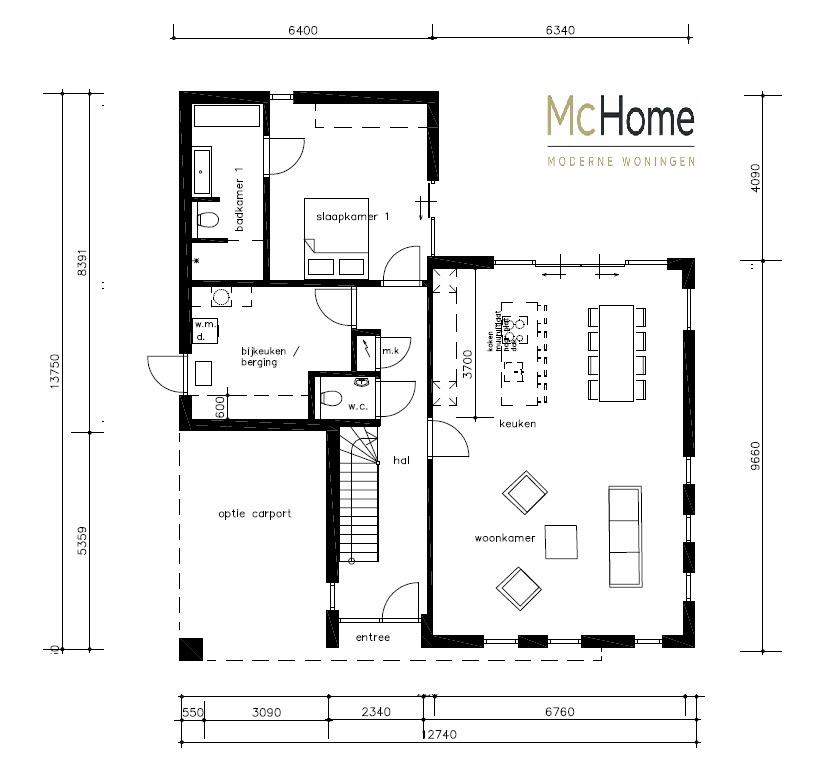 Moderne kubistische woning M-387 met plat dak, carport en levensloopbestendige indeling