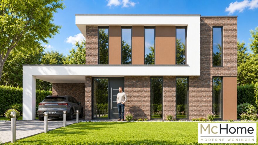 Moderne kubistische woning M-387 met plat dak, carport en levensloopbestendige indeling