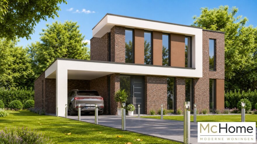 Moderne kubistische woning M-387 met plat dak, carport en levensloopbestendige indeling