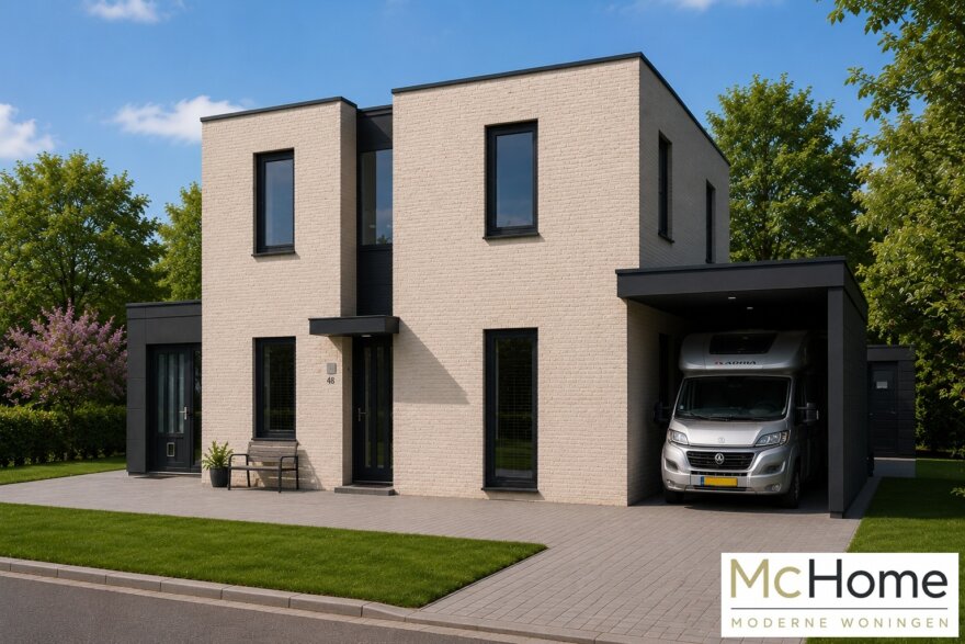 Moderne kubistische levensloopbestendige woning met plat dak en verdieping | MC-Home