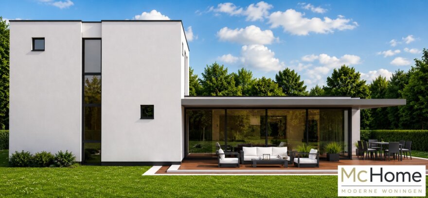 Moderne kubistische woning M-329 met plat dak, grote glaspuien en overdekt terras