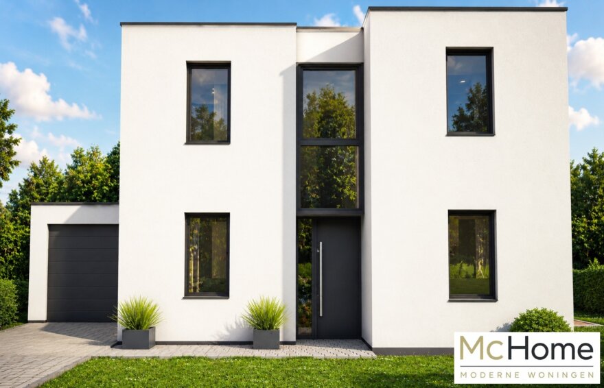 Moderne kubistische woning M-329 met plat dak, grote glaspuien en overdekt terras