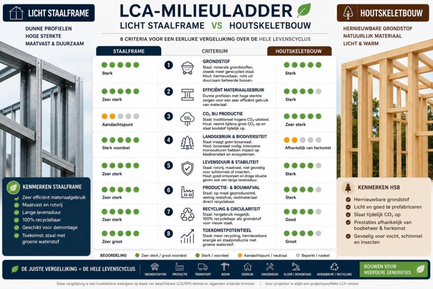 LCA-milieuladder met vergelijking van licht staalframebouw en houtskeletbouw over de volledige levenscyclus