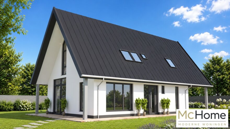Moderne schuurwoning met kap in staalframebouw met witte gevels, donkere dakbedekking, grote raampartijen en overdekt terras in een groene tuinomgeving.