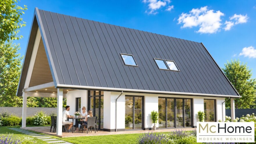 Moderne schuurwoning met kap in staalframebouw met witte gevels, donkere dakbedekking, grote raampartijen en overdekt terras in een groene tuinomgeving.