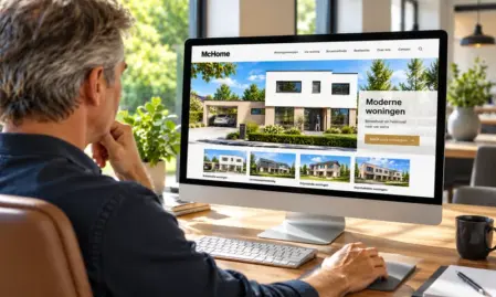 Woningzoeker bekijkt moderne woningontwerpen op de McHome-website