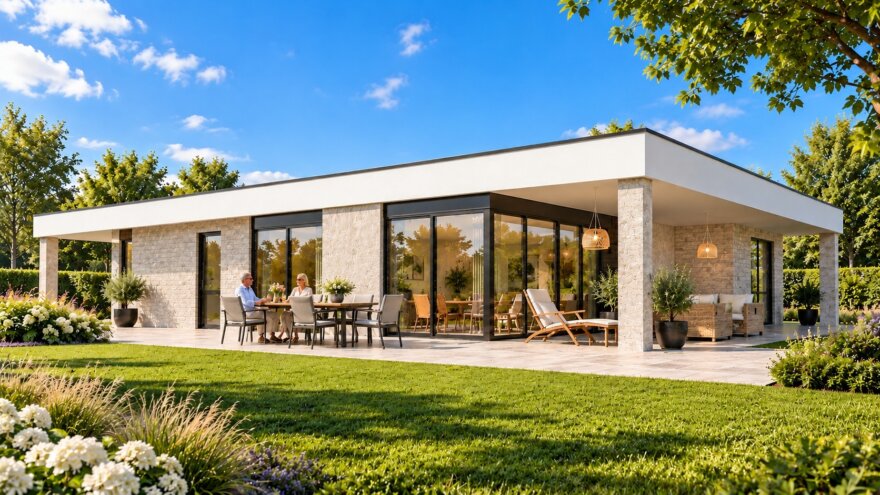 Moderne gelijkvloerse bungalow B-82 met plat dak, grote glaspartijen en overdekt terras