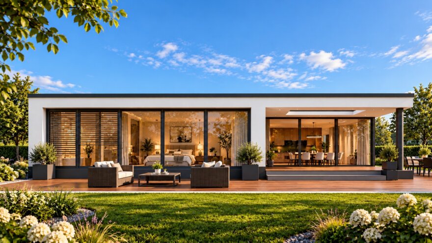 Moderne gelijkvloerse woning McHome B-39 met plat dak, verhoogde entree en geïntegreerde carport
