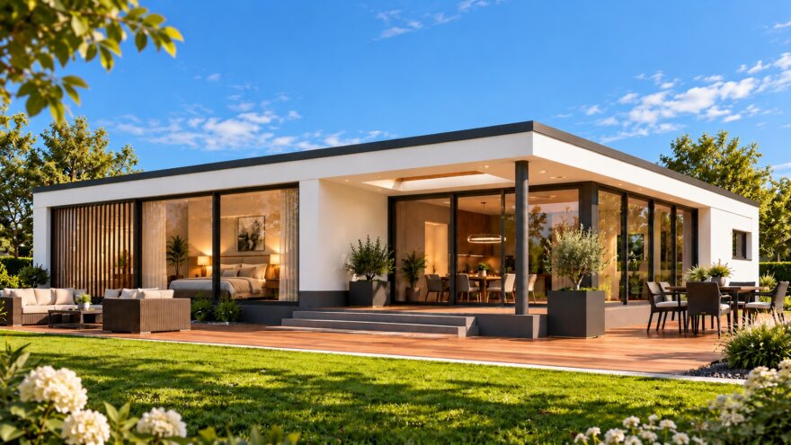 Moderne gelijkvloerse woning McHome B-39 met plat dak, verhoogde entree en geïntegreerde carport