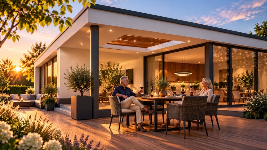 Moderne gelijkvloerse woning McHome B-39 met plat dak, verhoogde entree en geïntegreerde carport
