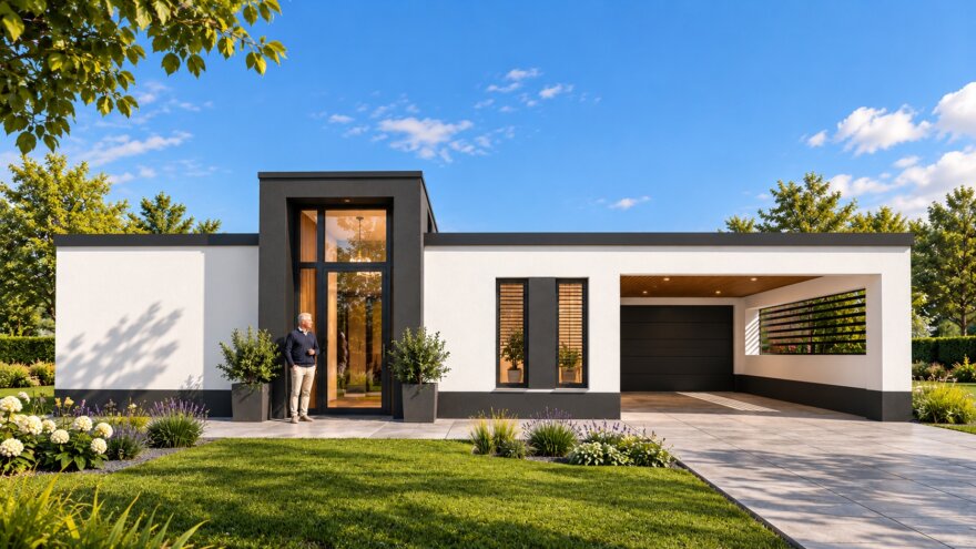 Moderne gelijkvloerse woning McHome B-39 met plat dak, verhoogde entree en geïntegreerde carport