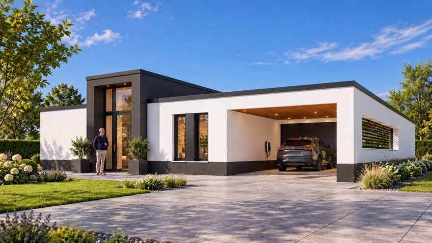 Moderne gelijkvloerse woning McHome B-39 met plat dak, verhoogde entree en geïntegreerde carport