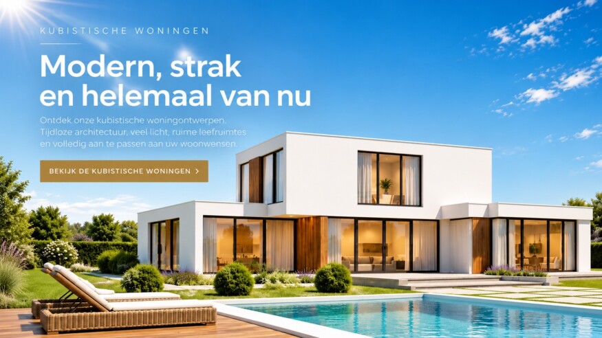 Moderne kubistische villa met plat dak, grote glaspartijen, witte gevel en zwembad