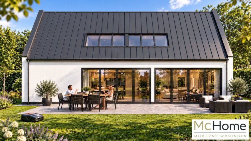 Moderne levensloopbestendige woning K-123 met stalen felsdak en witte gevels