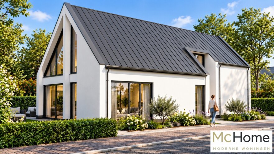 Moderne levensloopbestendige woning K-123 met stalen felsdak en witte gevels
