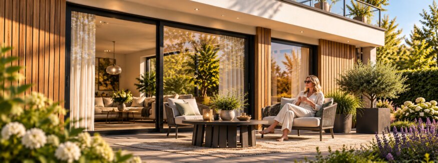 Moderne vrijstaande woning met houten gevelbekleding, grote glazen schuifpuien en zonnig terras met zithoek