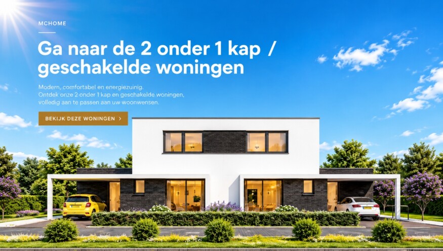 Moderne twee-onder-een-kapwoning met plat dak, witte gevels en twee carports
