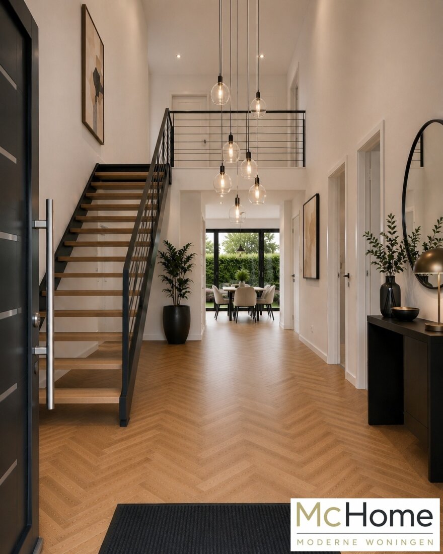 Modern interieur van de levensloopbestendige kubistische woning M-397 van MC HOME