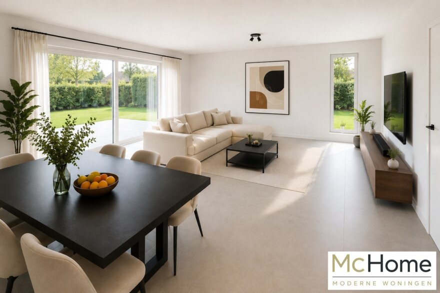 •	Moderne interieurbeelden van bungalow B-60 met luxe woonkamer, leefkeuken, badkamer en slaapkamer