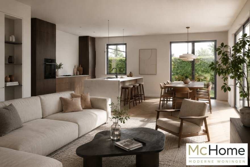 •	Moderne interieurbeelden van bungalow B-60 met luxe woonkamer, leefkeuken, badkamer en slaapkamer