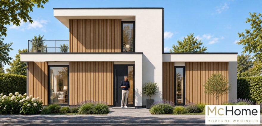 Moderne kubistische woning M-412 van McHome met plat dak en optioneel dakterras